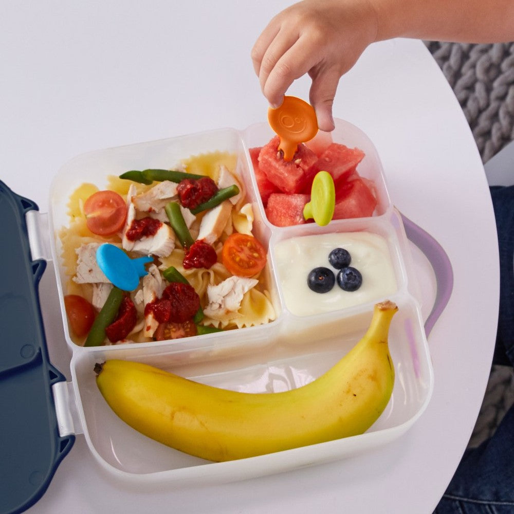 B.Box Mini Flork 3pk toddler feeding spoons in a divided lunchbox with pasta, chicken and fruit yogurt