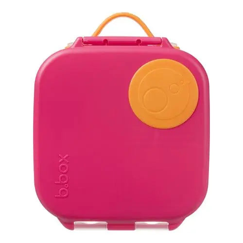 B.Box Mini Lunchbox pink with orange dial; kid-friendly lunch box carried by its orange handle.