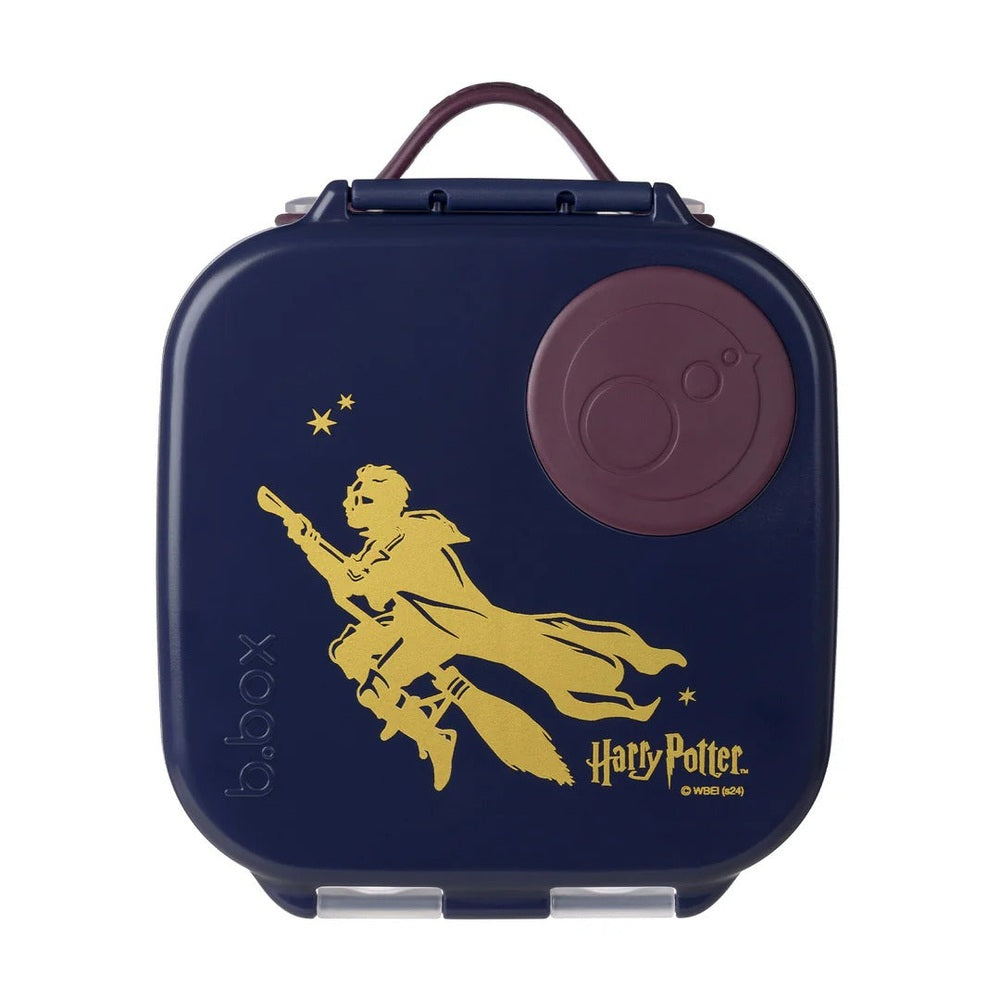 B.Box Mini Lunchbox in navy blue with gold Harry Potter broomstick design and burgundy carry handle