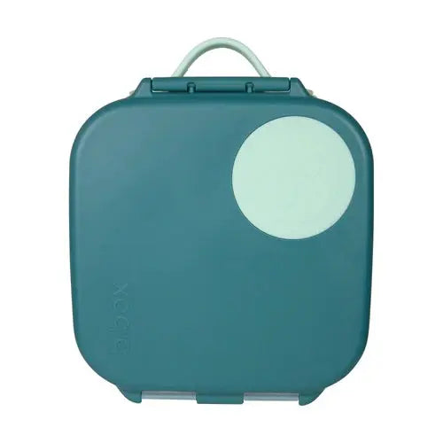 B.Box Mini Lunchbox teal with pale green circle; sturdy top handle and secure latch for easy transport
