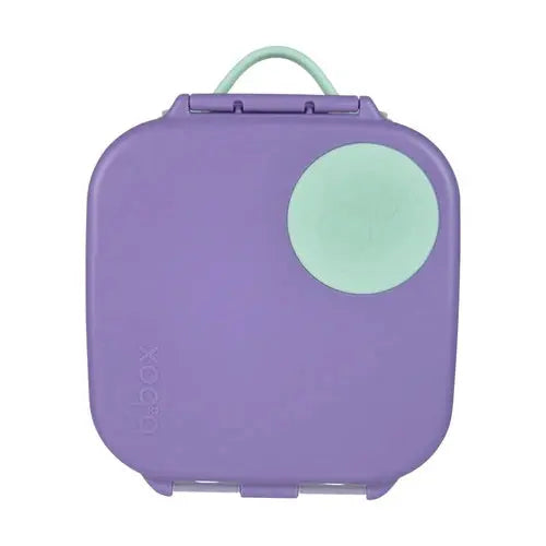 B.Box Mini Lunchbox, purple with mint handle and circle accent, shown closed for easy transport.