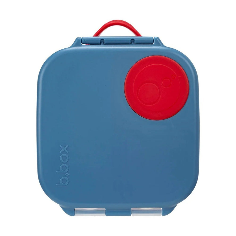 B.Box Mini Lunchbox in blue with a red circular lid and built-in handle for easy carrying.