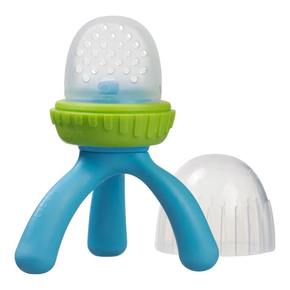 B.BOX New Silicone Fresh Food Feeder, blue handles and green collar, cap removed and ready for use