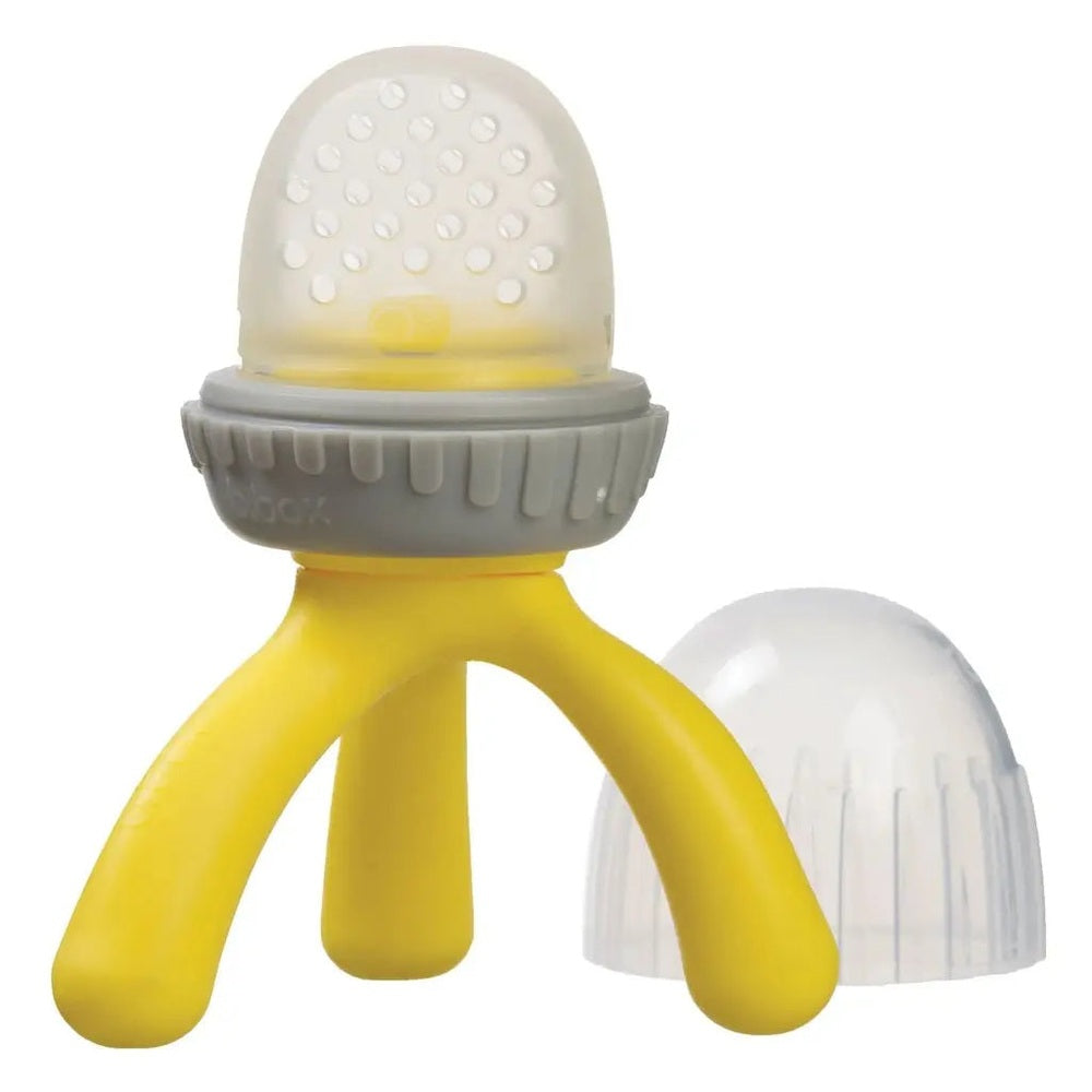 B.Box New Silicone Fresh Food Feeder with yellow tripod handles and gray grip collar for babies