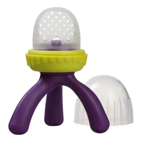 B.BOX New Silicone Fresh Food Feeder with purple tripod handles and yellow collar, cap removed beside.