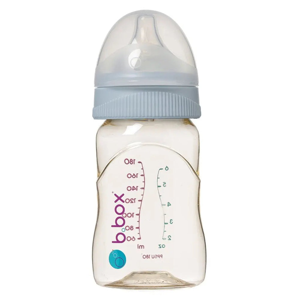 B.Box PPSU Baby Bottle 180 ml with blue screw-cap and nipple, clear bottle with measurement marks.