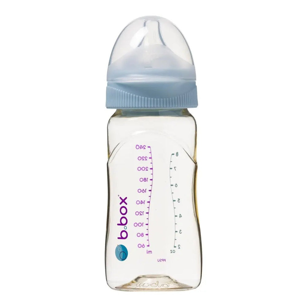 B.Box PPSU Baby Bottle 240 ml with blue screw cap and clear body, showing purple measurement scale.
