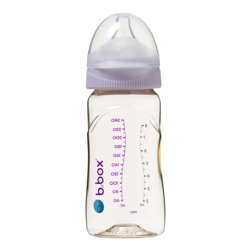B.BOX PPSU Baby Bottle 240 ml, clear body with purple measurement scale and nipple cap ready for feeding