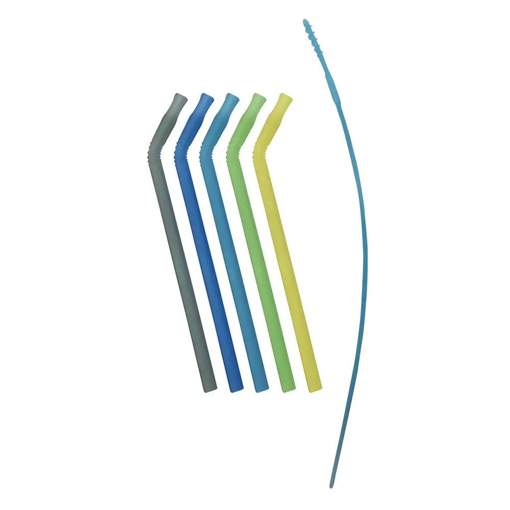 B.Box Reusable Silicone Straw 5Pk: five colorful curved straws and one long blue straw for mealtime