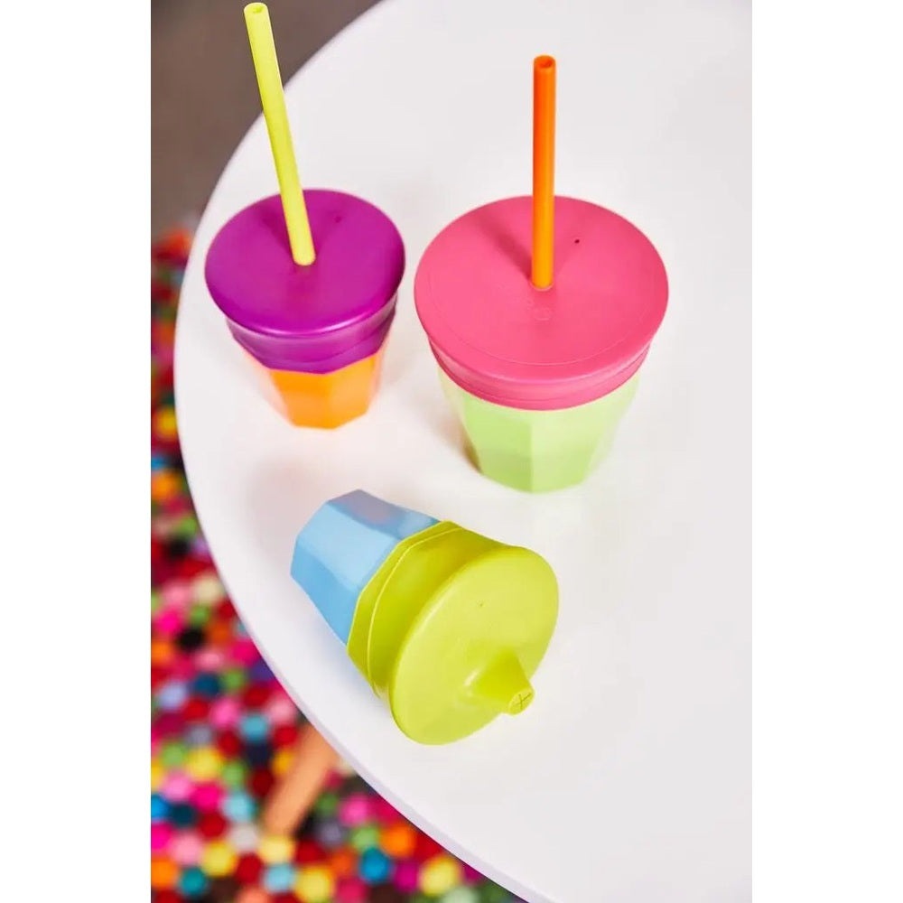 B.Box Silicone Lids Travel Pack: three colorful silicone cups with lids and straws in pink, purple, blue, lime