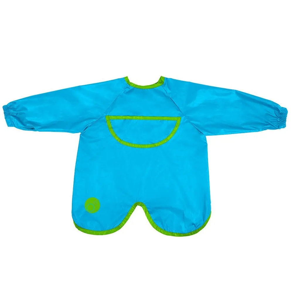 B.Box Smock Bib 6M–2Yr in bright blue with lime trim, full-coverage sleeved feeding bib.