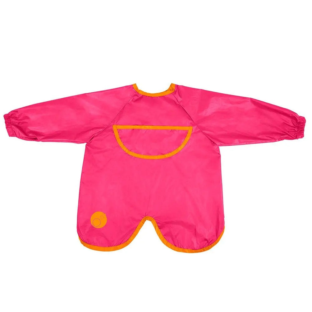 B.Box Smock Bib (6M–2Y) in bright pink with orange trim and front pocket; sleeves spread to protect clothes.