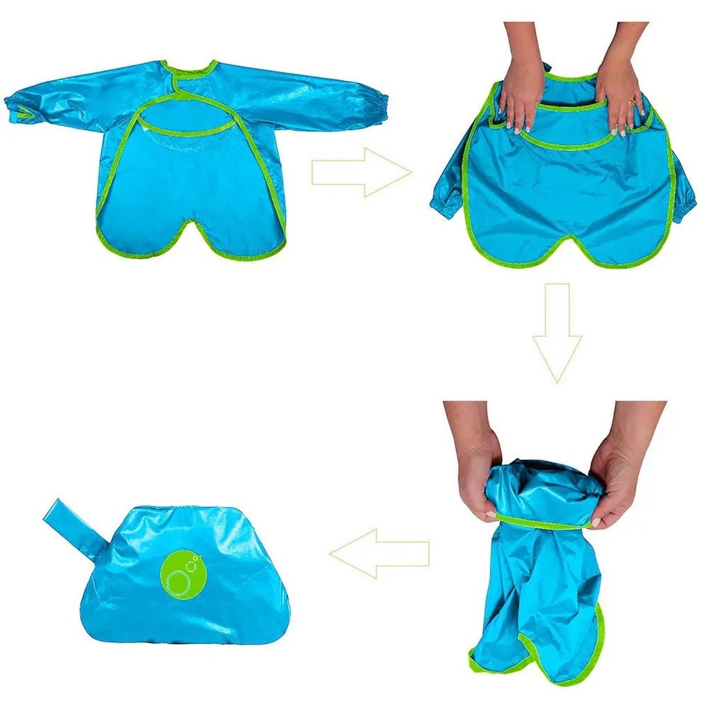 B.Box Smock Bib (6M–2Y) in blue with lime trim; folds into compact carry bag for on-the-go meals.