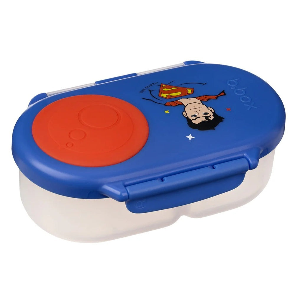 B.Box Snackbox in blue with Superman design featuring red silicone seal lid and secure side clips