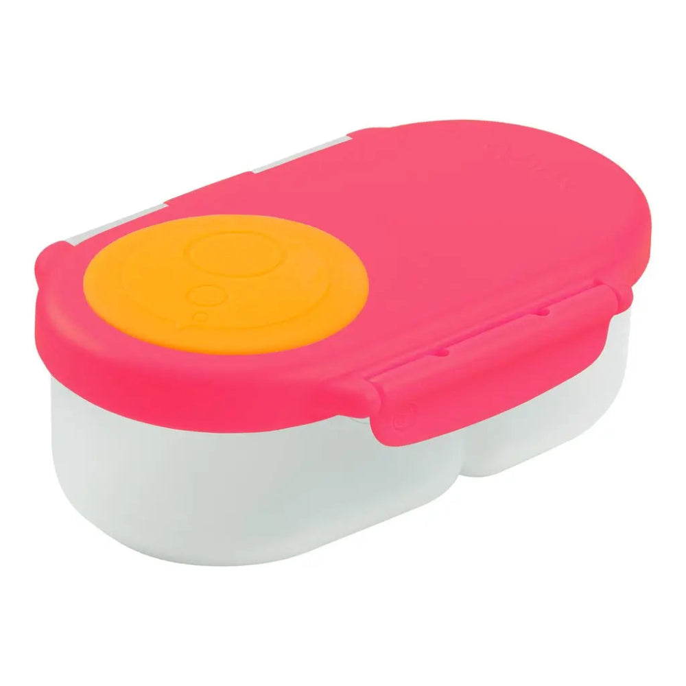 B.Box Snackbox pink lid over white dual-compartment lunch box with secure snap closures.