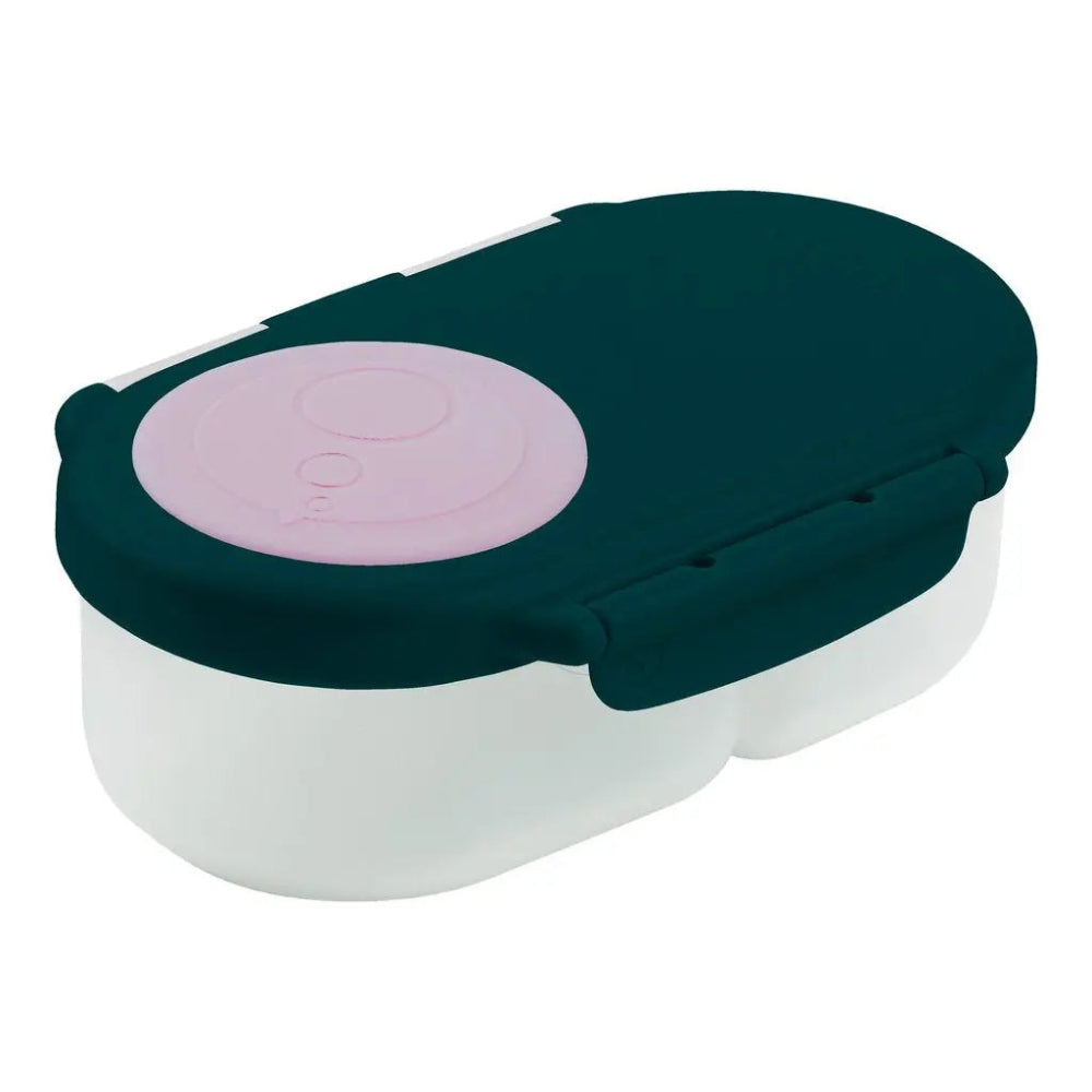 B.Box Snackbox with teal lid and pink circular top, securely closed over twin white compartments.