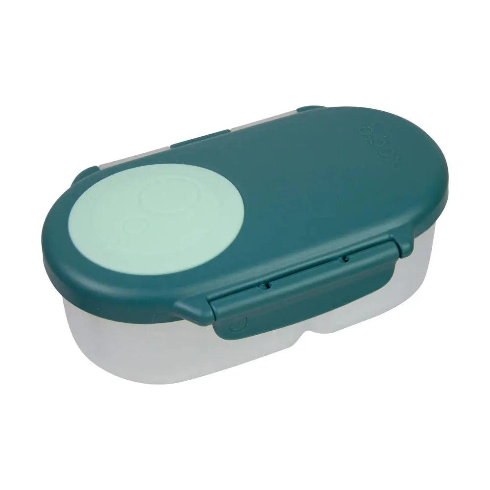 B.Box Snackbox lunch container in teal with secure clip lid shown snapped shut on a clear base.