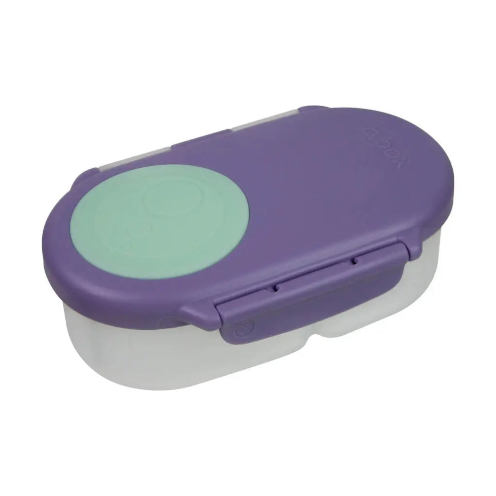 B.Box Snackbox lunch box in purple with mint lid, secured by clips for easy snack storage.
