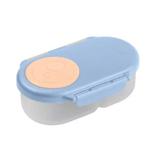 B.Box Snackbox blue lid lunch box with peach button, translucent container.