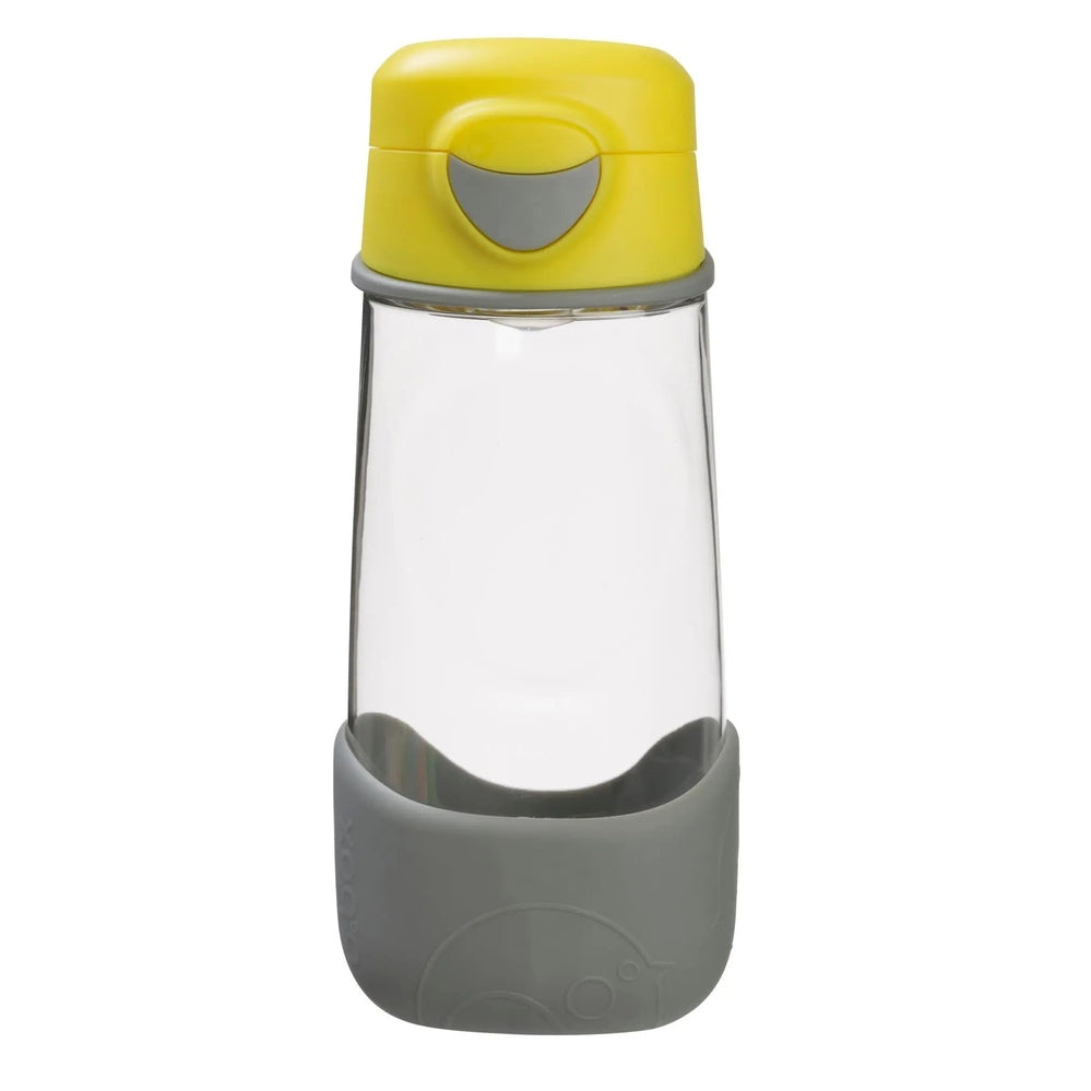B.Box Sports Spout Bottle with yellow flip-top cap and gray silicone base, clear container.
