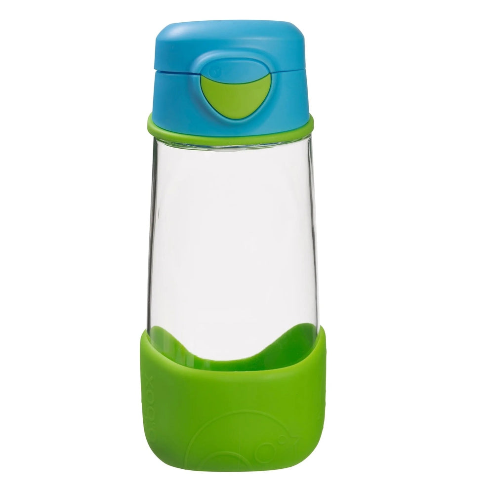 B.Box Sports Spout Bottle with blue lid and bright green base; lid flips open for easy spout access.