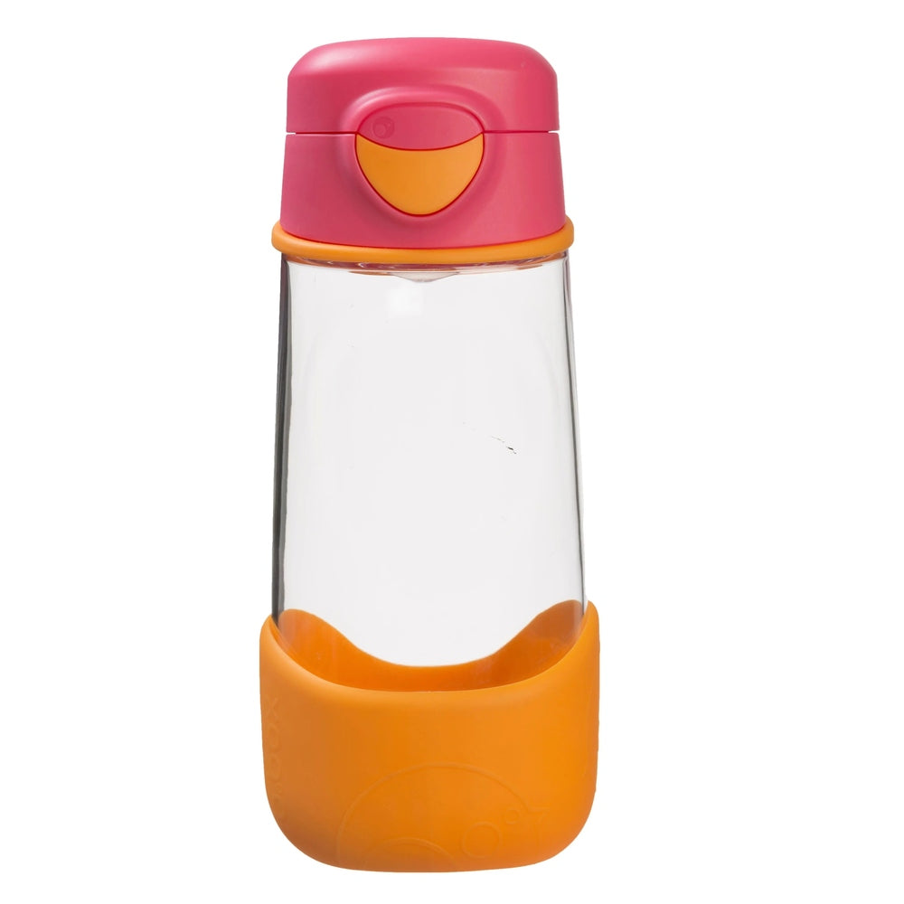 B.Box Sports Spout Bottle with pink cap and orange base, clear body shown upright for easy sipping