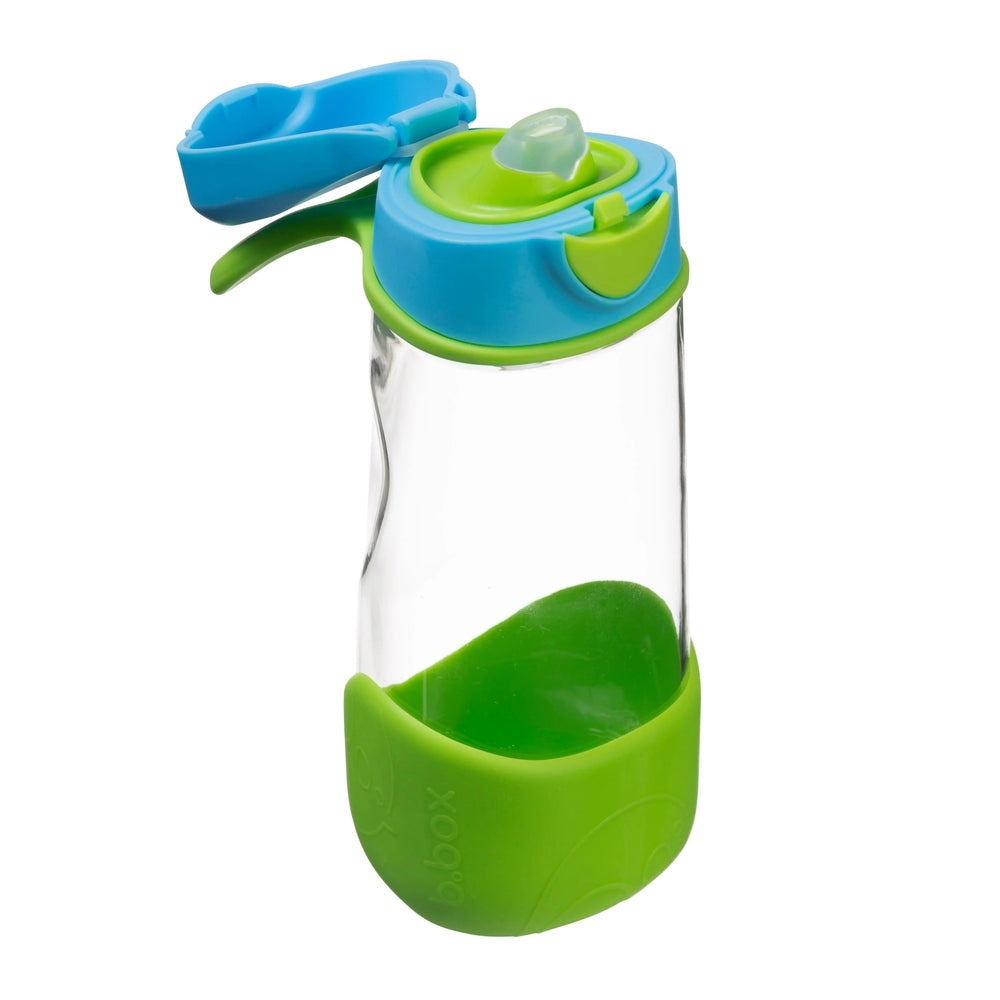 B.Box Sports Spout Bottle, blue lid flipped open to reveal the sip spout, green base and grip