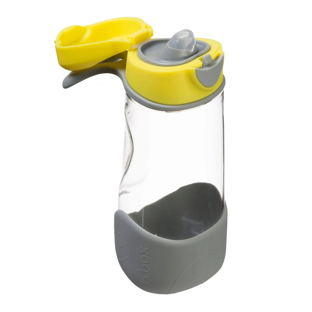 B.Box Sports Spout Bottle with clear body, gray base, and yellow flip-top lid opened for easy drinking.