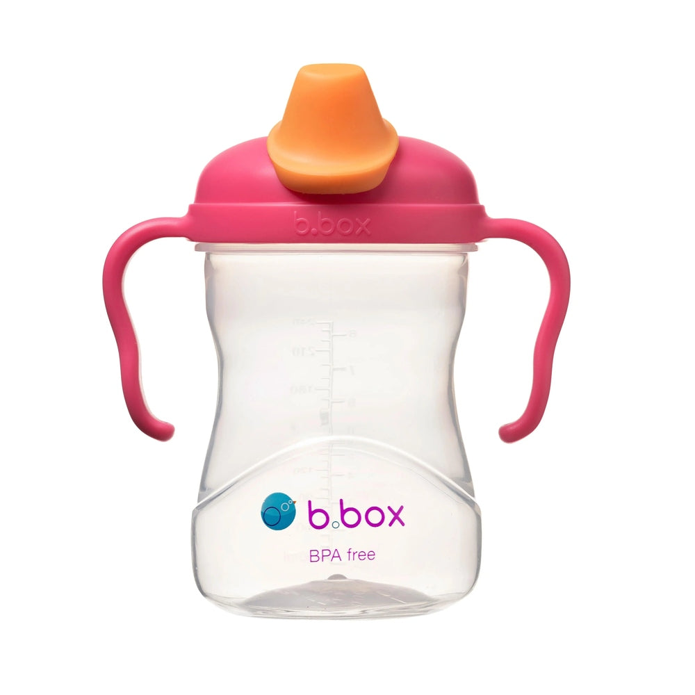 B.Box Spout Cup with pink lid and orange spout, clear BPA-free bottle, pink handles shown for easy grip.