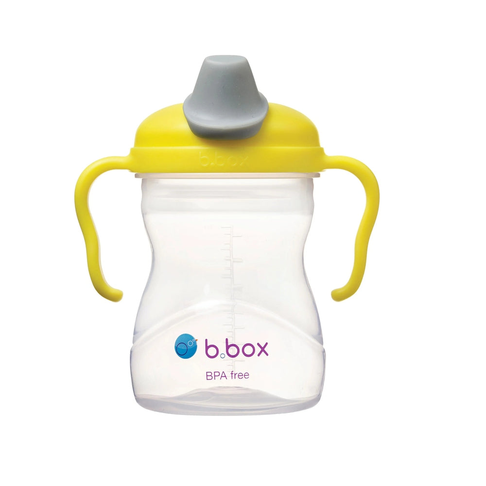 B.Box Spout Cup with yellow handles and gray spout, BPA-free transparent bottle.