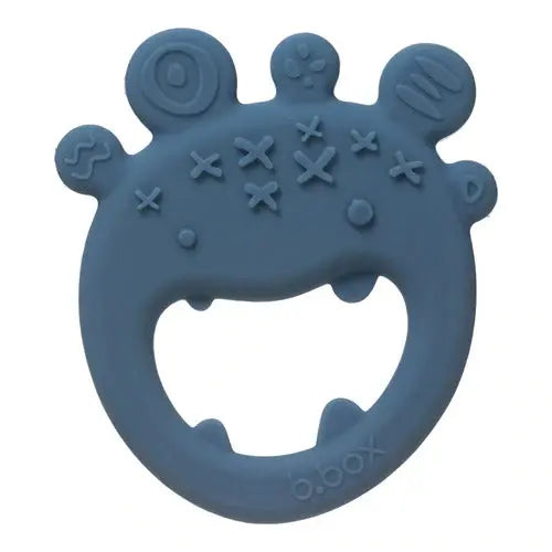 B.Box Trio Teether blue silicone teether with textured knobs and curved graspable handle.