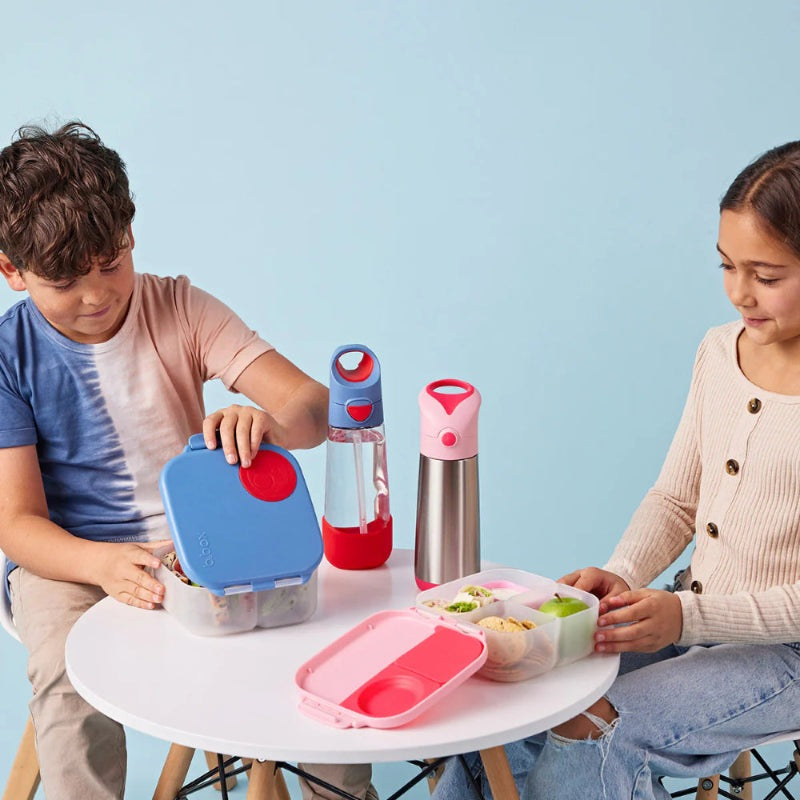 B.Box Tritan Drink Bottle 600 ml set of three in blue, pink and stainless steel on a white table
