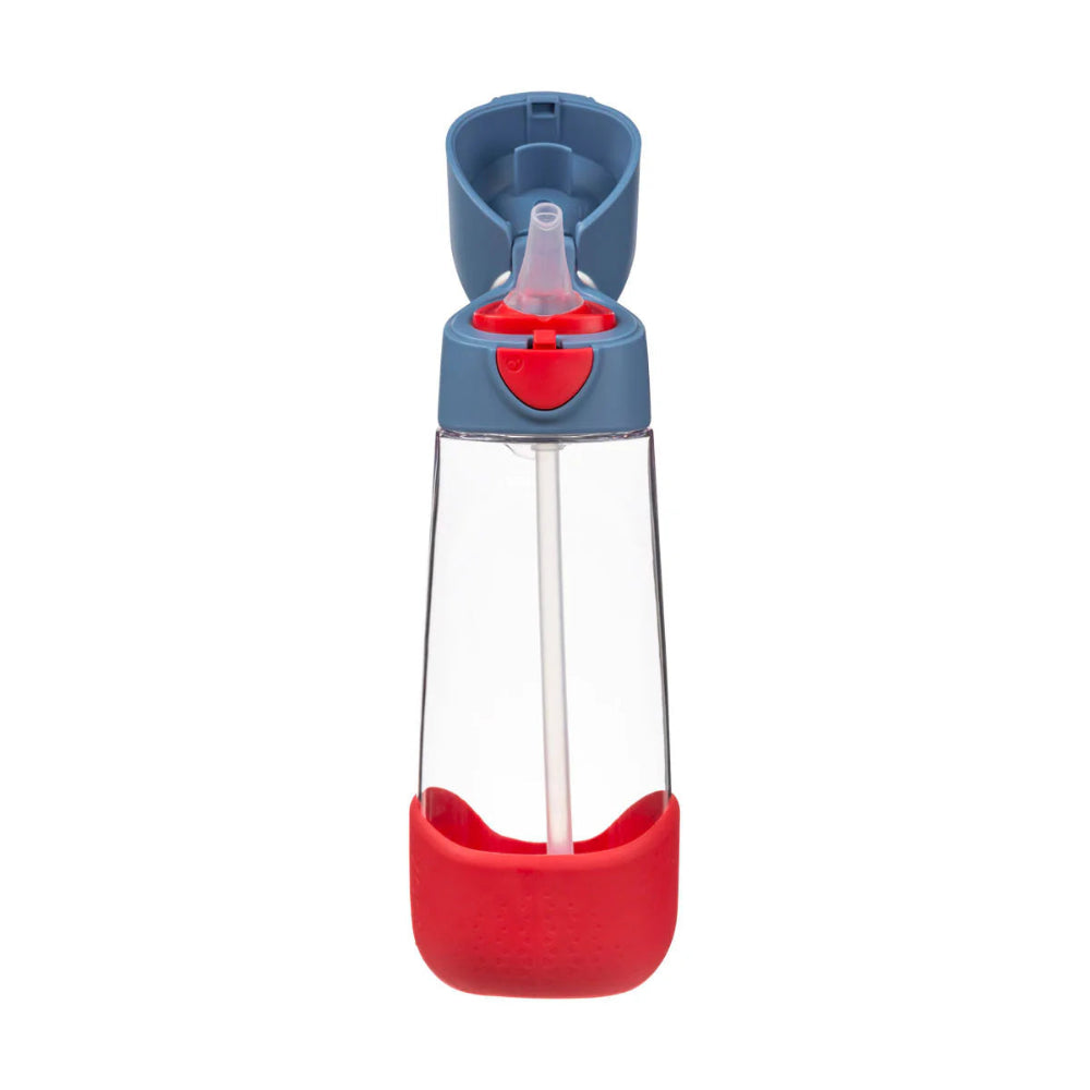B.Box Tritan drink bottle 600 ml with blue lid and red base, clear body.