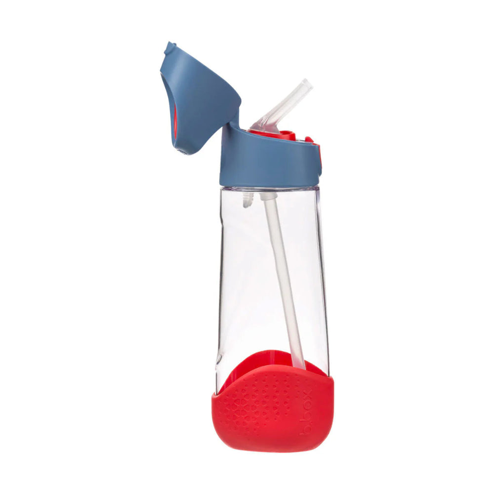 B.BOX Tritan drink bottle 600 ml with blue flip-top lid and red silicone base