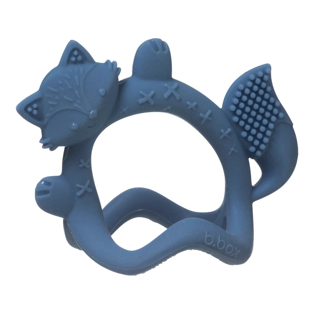 B.Box Wrist Teether in blue silicone, fox head design with textured tail worn as a wristband