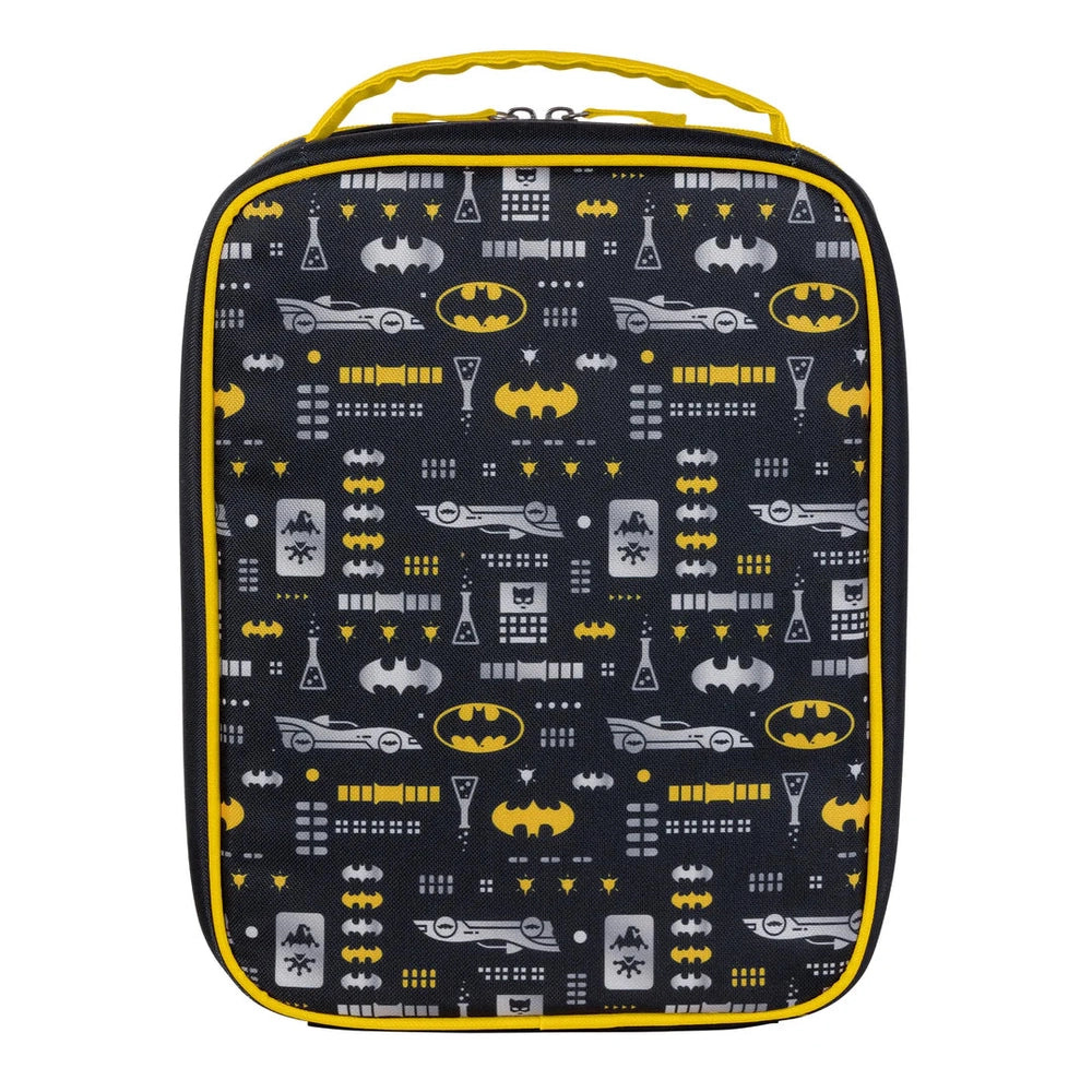 B.box Insulated Flexi Lunchbag in black Batman print with yellow trim, standing upright with a yellow carry handle.