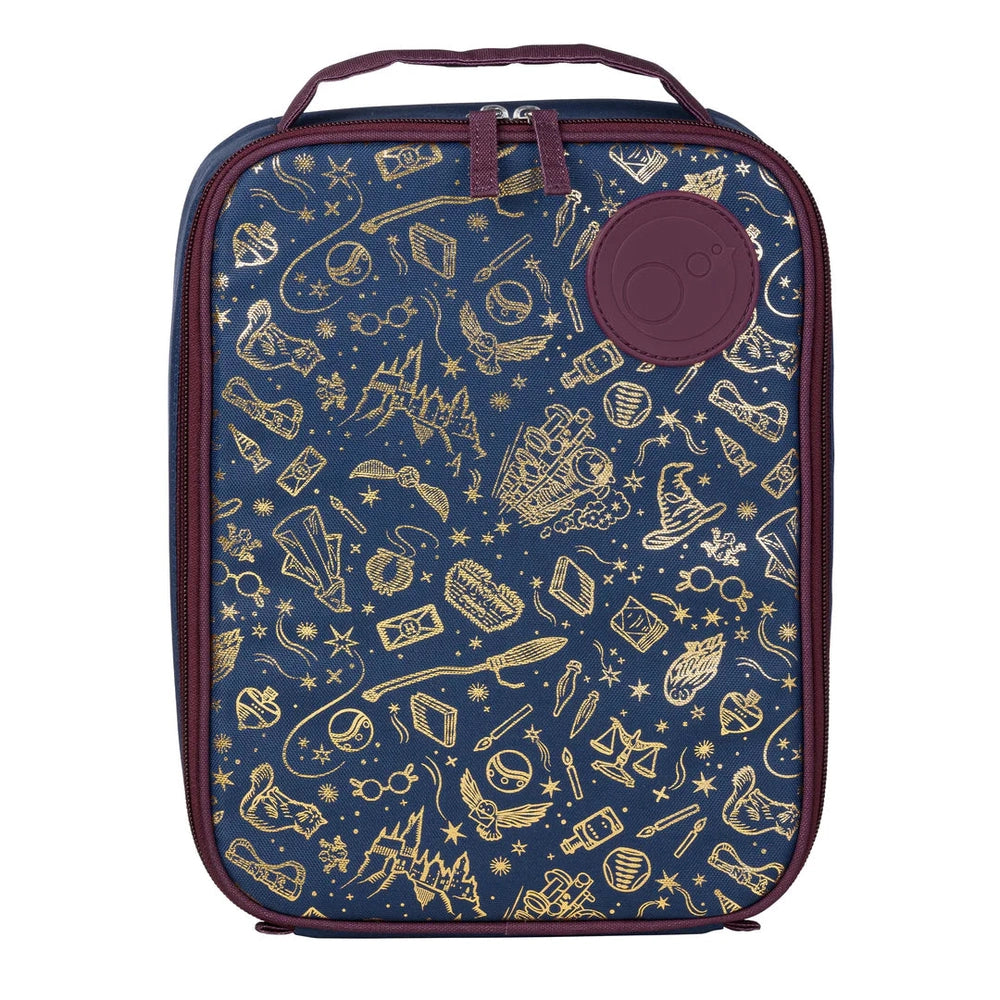 B.box Insulated Flexi Lunchbag, navy with gold space print and purple trim, top handle ready for carrying