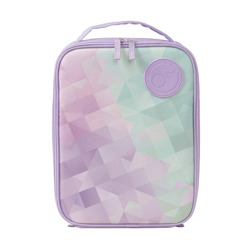 B.BOX Insulated Flexi Lunchbag in pastel lavender geometric print, with top handle for easy carrying.