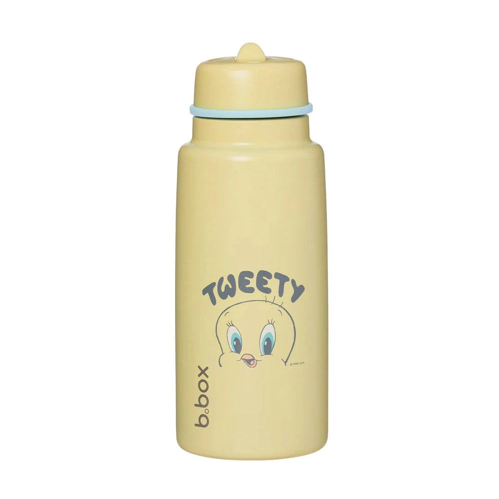 B.box Insulated Flip Top 1L water bottle in pale yellow, featuring Tweety face and flip-top lid with blue ring.