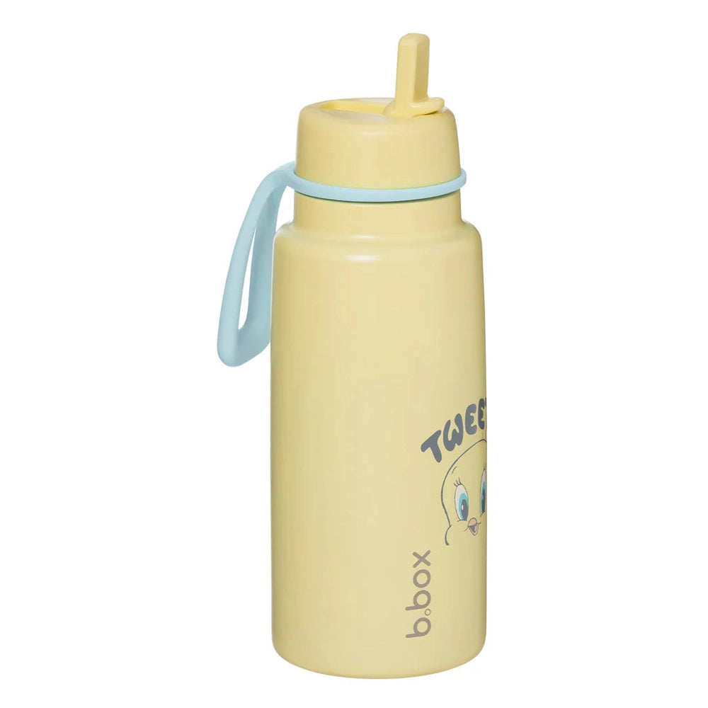 B.box Insulated Flip Top 1L water bottle in pale yellow with blue carry handle and ready-to-use flip-spout