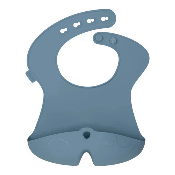 B.box silicone bib in blue with pocket and adjustable snap straps