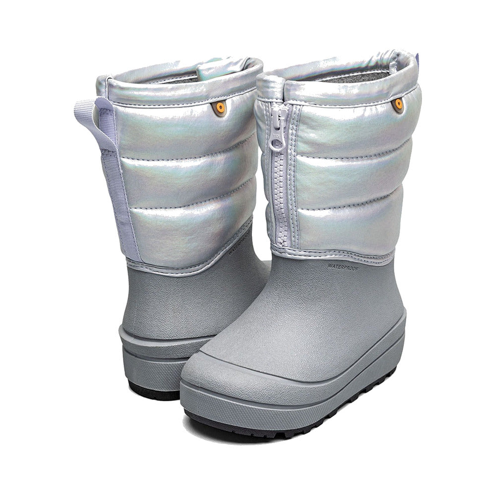BOGS Snow Shell Zip - Holographic Silver Kids' Winter Boots in Silver, rear three-quarter angle