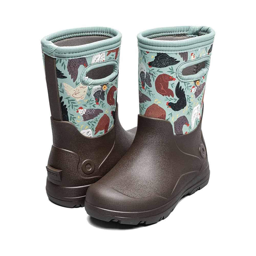 BOGS York Seamless - Chicken Party Kids' Winter Boots in Chocolate Multi, rear three-quarter angle