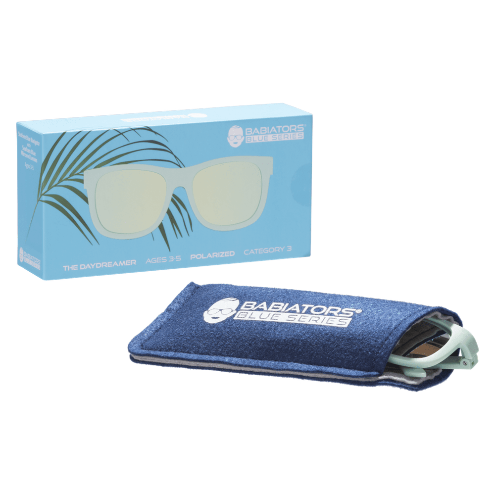 Babiators Blue Series Navigator polarized sunglasses in sea foam with blue case.