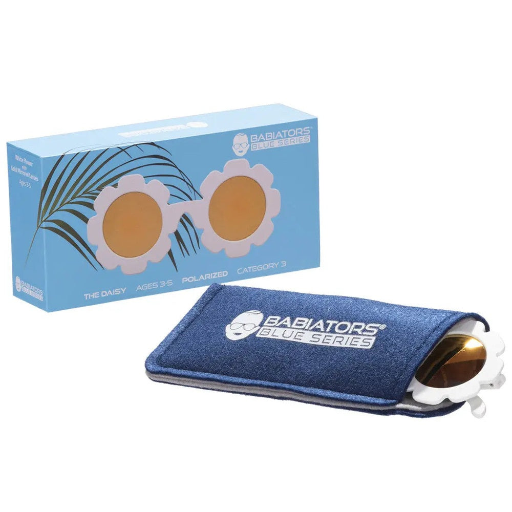 Babiators Flowers Shape Polarized Sunglasses The White Daisy shown with blue denim case and orange lenses.