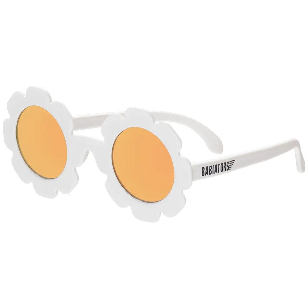 Babiators Flowers Shape Polarized Sunglasses The White Daisy, displayed at an angle to show flower frames and orange lenses.