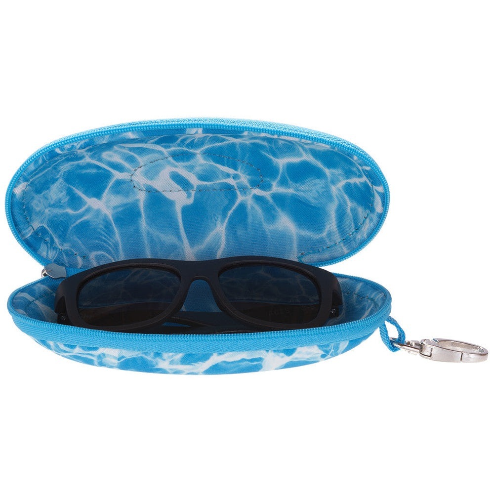 Babiators hard pool-print travel case with black sunglasses inside; blue zipper