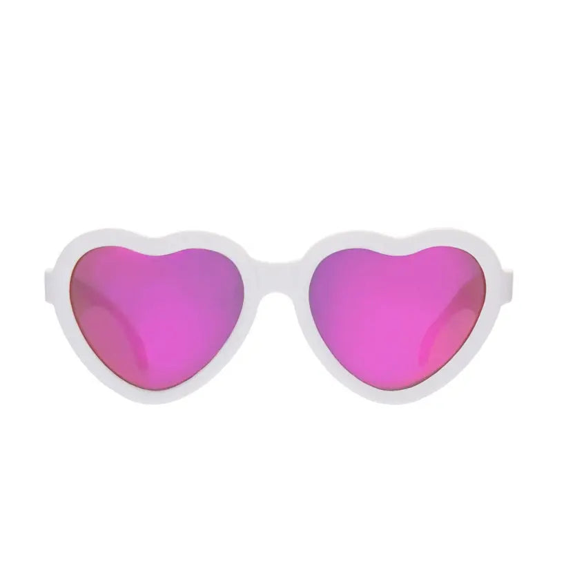 Babiators Heart Shape Polarized Mirrored Sunglasses in white frame, pink mirrored lenses catch light for 6Y