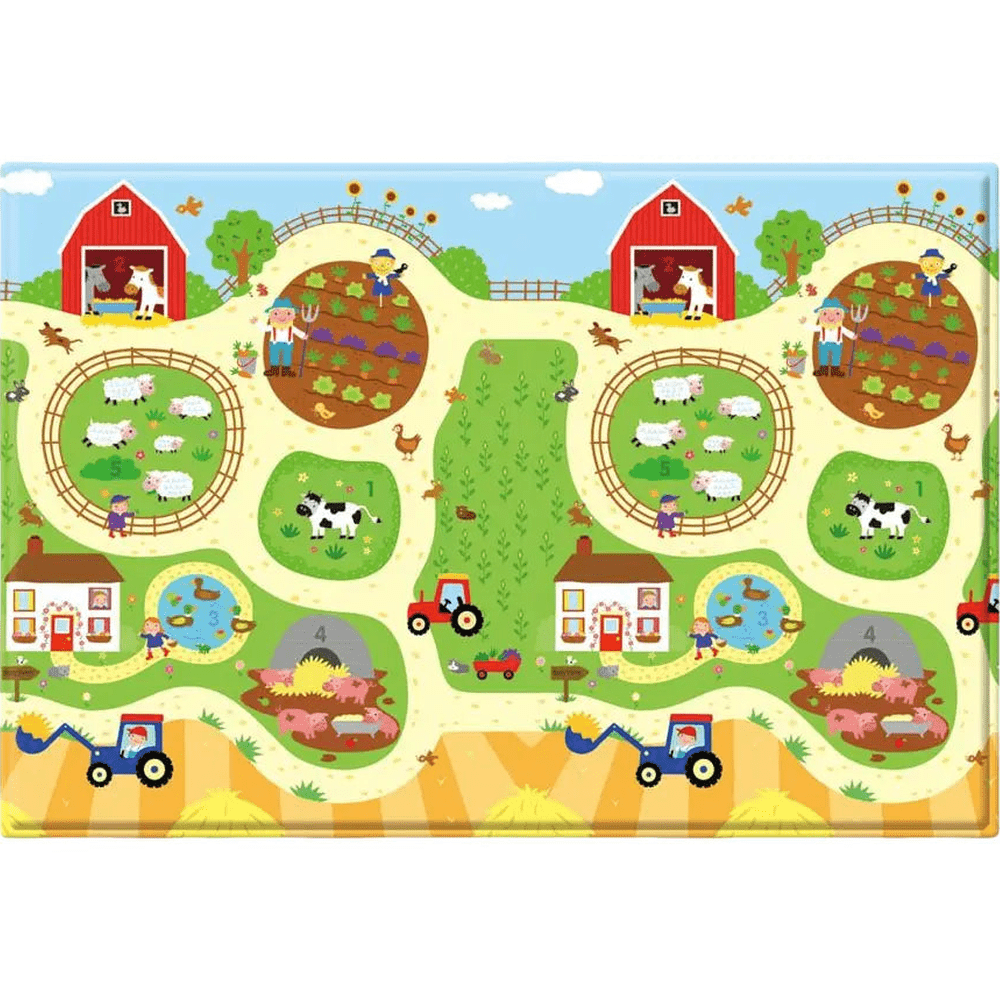 Baby Care Playmat Medium: bright farm scene with barns, animals, and tractors; children explore winding paths.