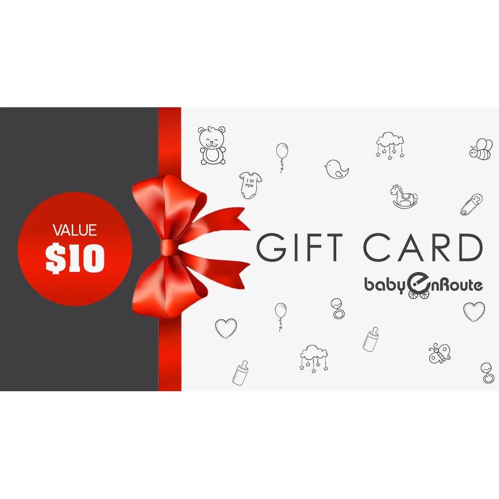 Gift card BABY ENROUTE valued at $10, shown with a red bow across a dark panel for welcoming a new baby.
